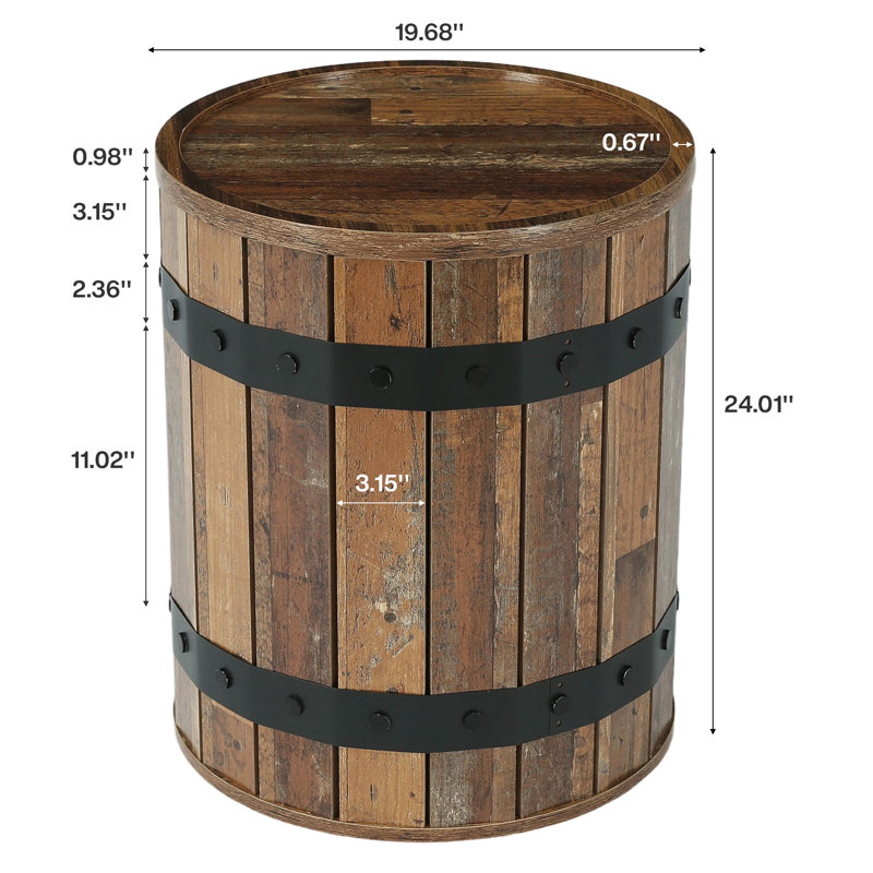 Round Barrel Side Table with Hidden Storage, Rustic Brown