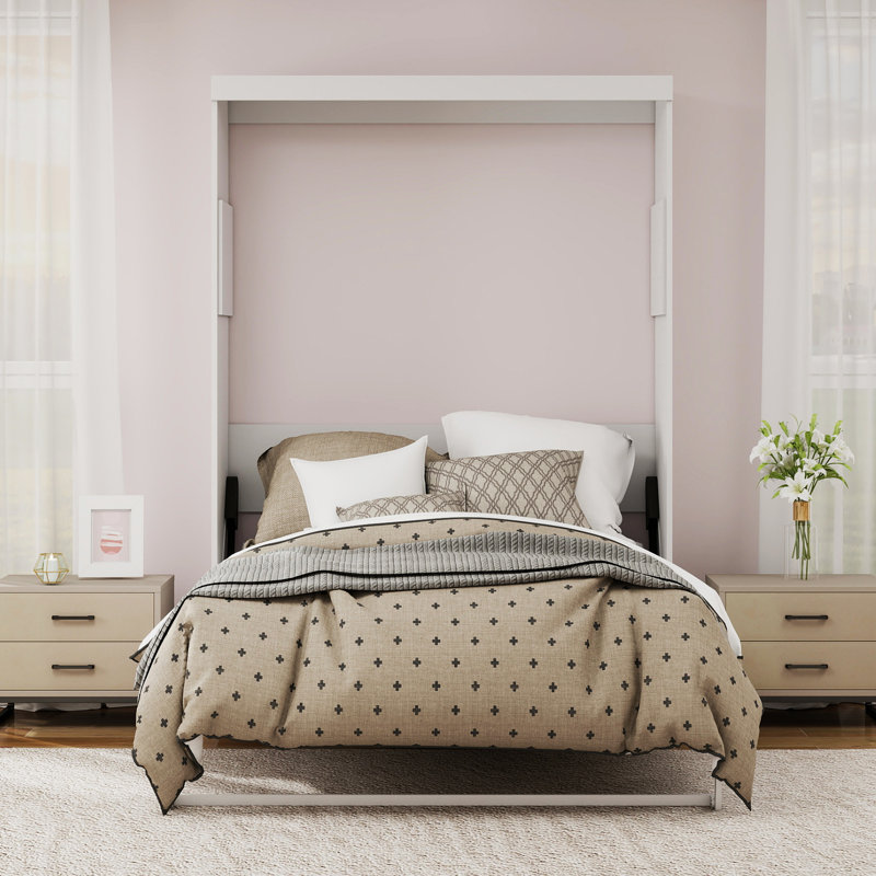 Lit escamotable double pleine grandeur, lit escamotable mural moderne, Blanc