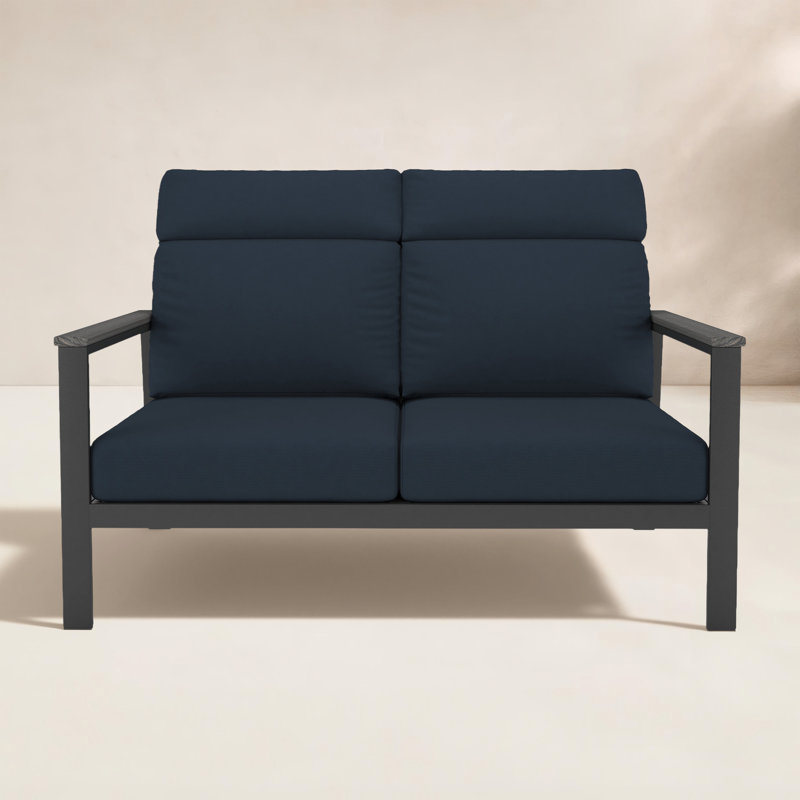 Causeuse d'extérieur en métal avec coussin Sunbrella Townsend, Toile bleu marine, Brun, Yes