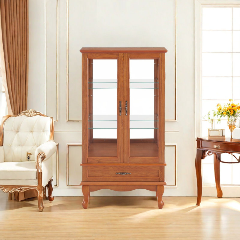 Display Cabinet, With Lights, Glass Shelves, 2 Glass Doors And 1 Drawer, For Home Office, Oak