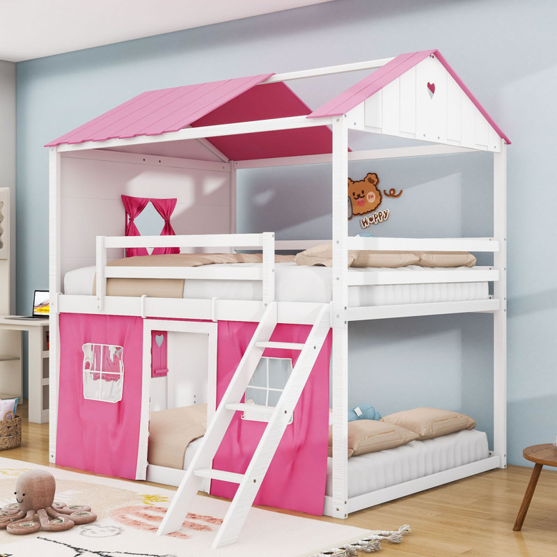 Lit superposé en bois avec fenêtre et tente Sherick, Double sur double, Rose