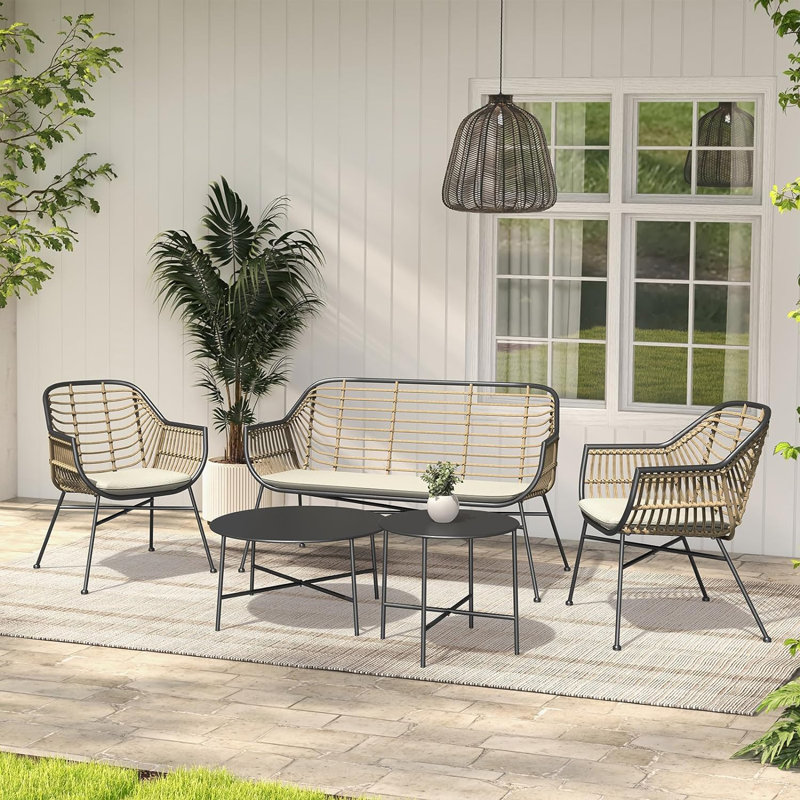 Olilawn 5-Piece Outdoor Wicker Patio Conversation Set with Cushions and Coffee Tables, Boho Wicker Seating Set for Indoor Outdoor, Balcony, Porch, Garden, Deck
