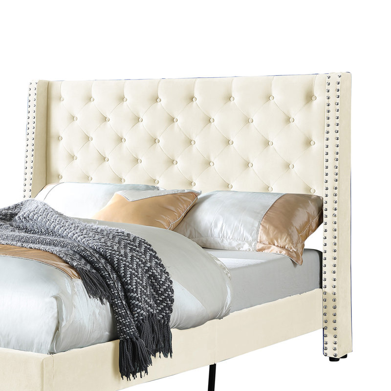 Lit plateforme tapissier Daisy-Rose, Beige, Double