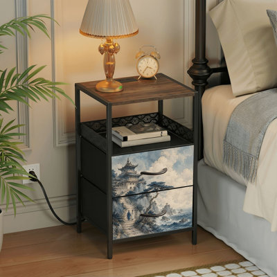 Table de chevet 2 tiroirs avec station de charge, table de chevet pour chambre avec ports USB et amp; Outlets, tablette ouverte noire, table de chevet avec pagode asiatique traditionnelle, paysage de montagne, arbres de pin, impression de ciel nuageux