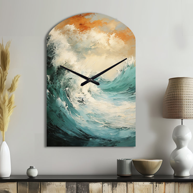 Modern Coastal Blue And Gold Wave - Asymmetrical Ocean Metal Wall Clock, Arch Metal Clock Print, Moyenne
