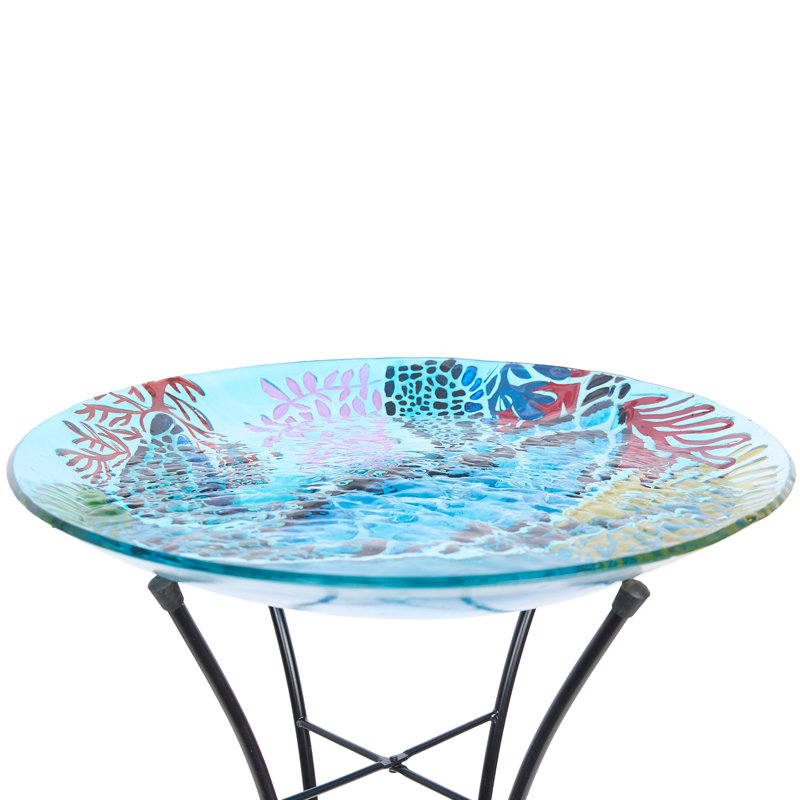 Bain d'oiseaux en verre 18 po avec tortue et support en métal
