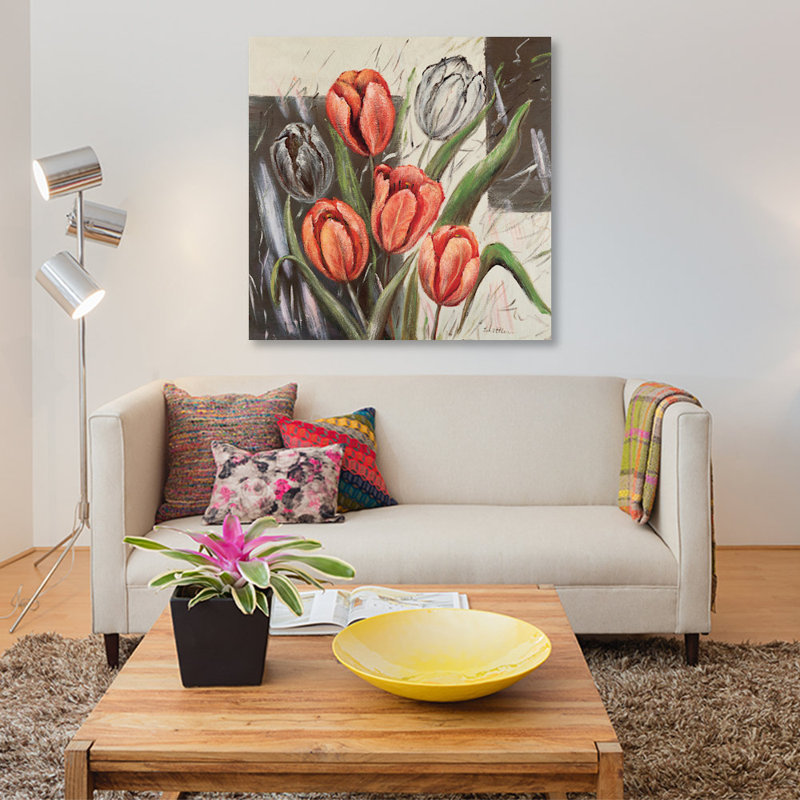 « orange tulipes », impression sur toile, H 12 po x l 12 po x P 0,75 po, Toile tendue, Pas de tapis