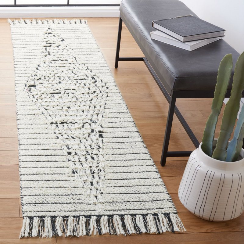 Tapis rayé ivoire / noir en laine / coton Vermont, Tapis de couloir 2 pi 3 po x 8 pi