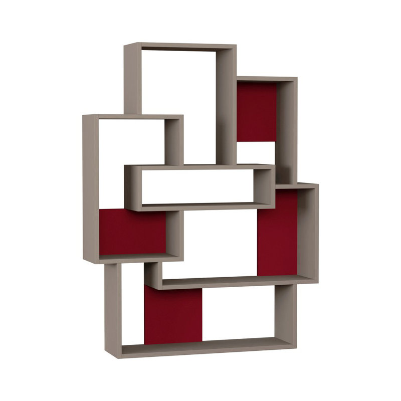 Microscopium Modern Freestanding Bookcase with 6 Asymmetric Compartments 101 x 22 x 132 cm, Light Moca/Burgundy