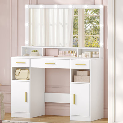 Dressing Table with Large Mirror, Vanity Desk with Mirror LED, 3 Light Colors, Makeup Desk, 3 Drawers, 2 Storage Cabinets, 5 Open Compartments, 40 × 108 × 140 cm, for Bedroom, White