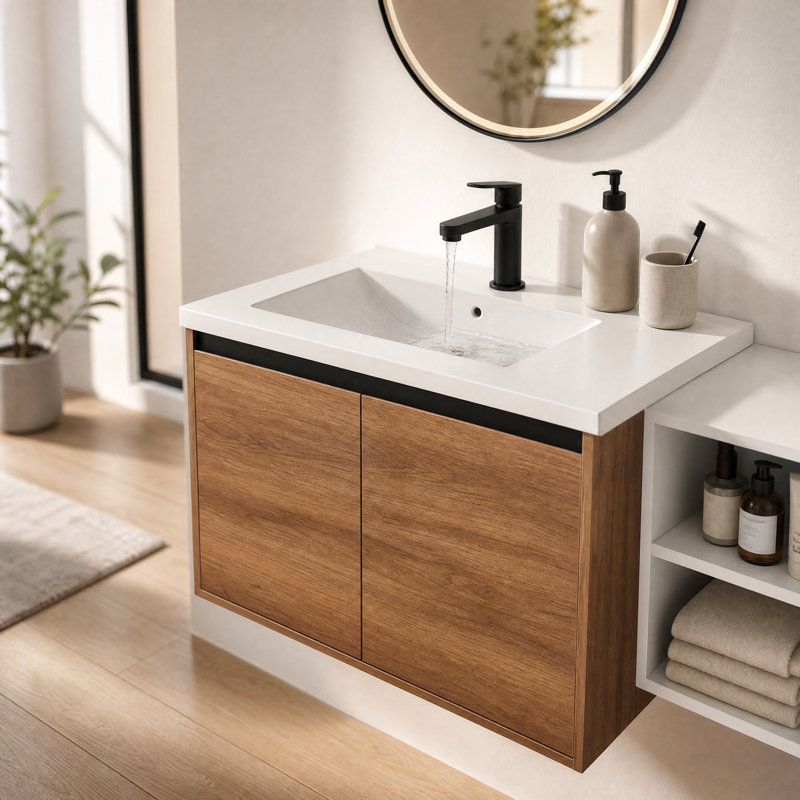 Meuble-lavabo mural 42 po avec lavabo en résine, 2 portes à fermeture douce et tablettes ouvertes, ensemble de meuble-lavabo flottant à finition ébène brun pour petite salle de bain