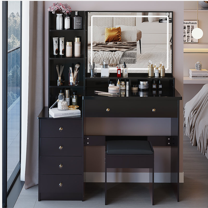 41" Large Size Left Bedside Cabinet Vanity Table+Cushioned Stool, Extra Large Touch Control LED Mirror, 3-color Switch, Multi Layer High Capacity Storage Fashionable Dresser, Suitable For Large Space