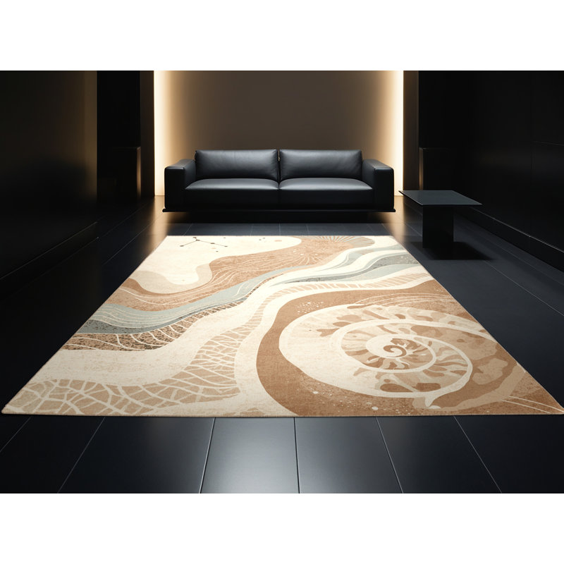 Machine Washable Pavle Coastal Abstract Rug in Beige – Beige Binding, 7 x 9