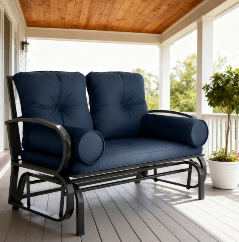 Banc de patio double, fauteuil berçant et oscillant, causeuse pour 2 personnes avec structure en acier, coussins, accoudoirs coussinés