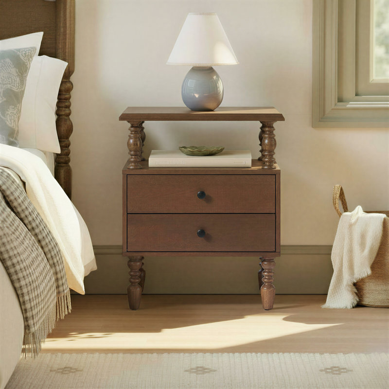 Vivienne Easy Assembly Solid Wood Spindle 2-Drawer Nightstand, Dark Brown