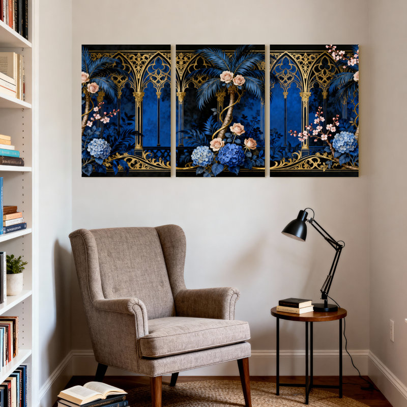 Plantes et fleurs, ensemble de 3 impressions sur toile à motif floral arche gothique bleu, H 24 po x l 16 po