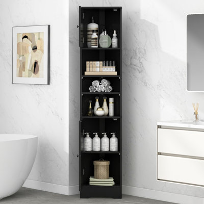 Multi-Functional Corner Cabinet Tall Bathroom Storage Cabinet With Two Doors And Adjustable Shelves, Open Shelf, Black
