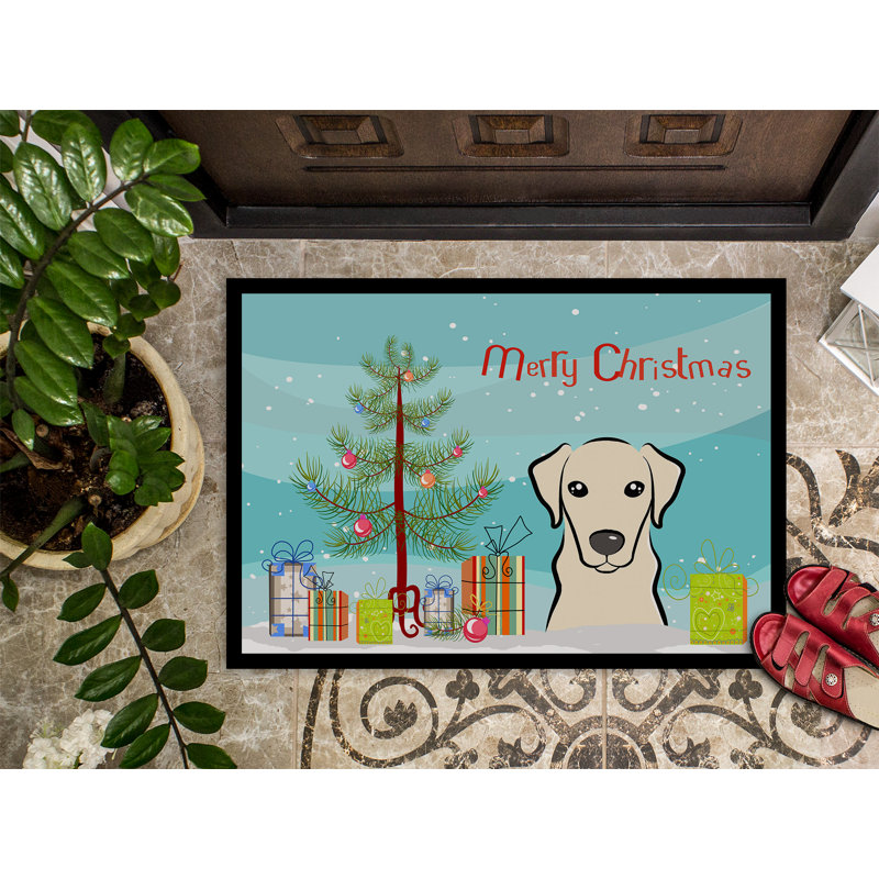 Tapis de porte d’extérieur anti-dérapant jaune sapin de noël et jaune labrador, Rectangle 1 pi 6 po x 2 pi 3 po