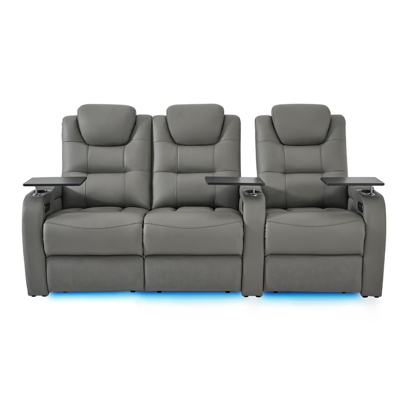 Double fauteuil inclinable de cinéma maison en cuir fleur avec ports USB et de type C, Cuir véritable gris