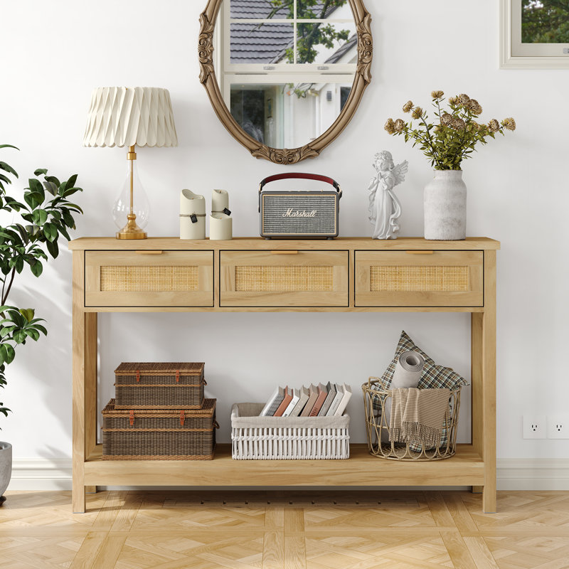 Ayjah 51.2" Wood Console Table with 3 Drawers,Rattan Entry Table for Entryway