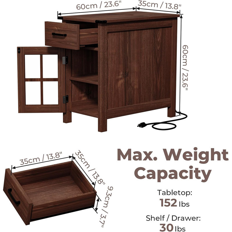 Farmhouse End Table With Charging Station, Narrow Side Table For Living Room, Sofa Side Table With Drawer And Storage Cabinet, Small Nightstand For Bedroom, Home Office