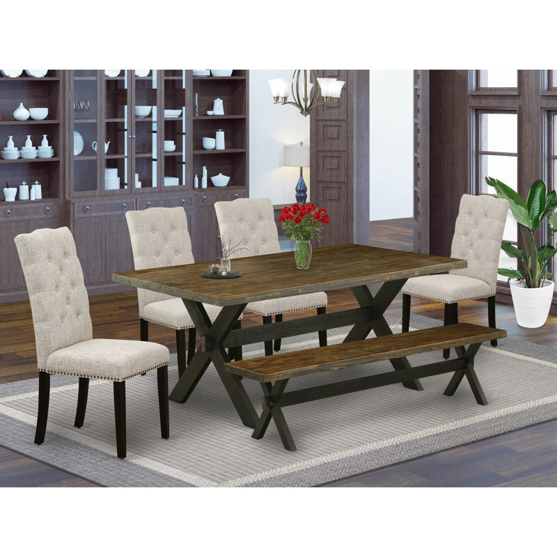 Ensemble de salle à manger 6 pièces comprenant une table rectangulaire à pattes en X, 4 chaises de style Parson en lin recouvert de tissu peau de suède et un banc, multicolore