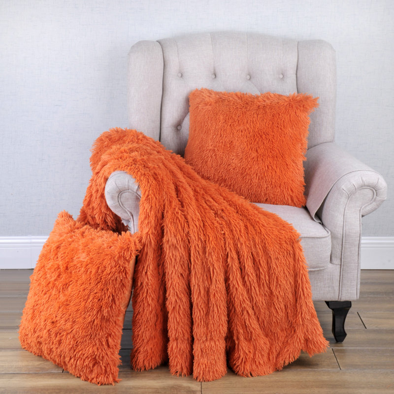 Jeté à poils longs avec 2 housses de coussin, l 60 po x L 80 po, Gris