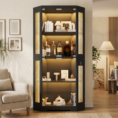 Glass Display Cabinet, 4-Tier Curio Cabinets with 3 Color Lights, Corner Bookcase for Collectibles, Storage Cabinets with Human Body Sensor & Charging Ports for Living Room