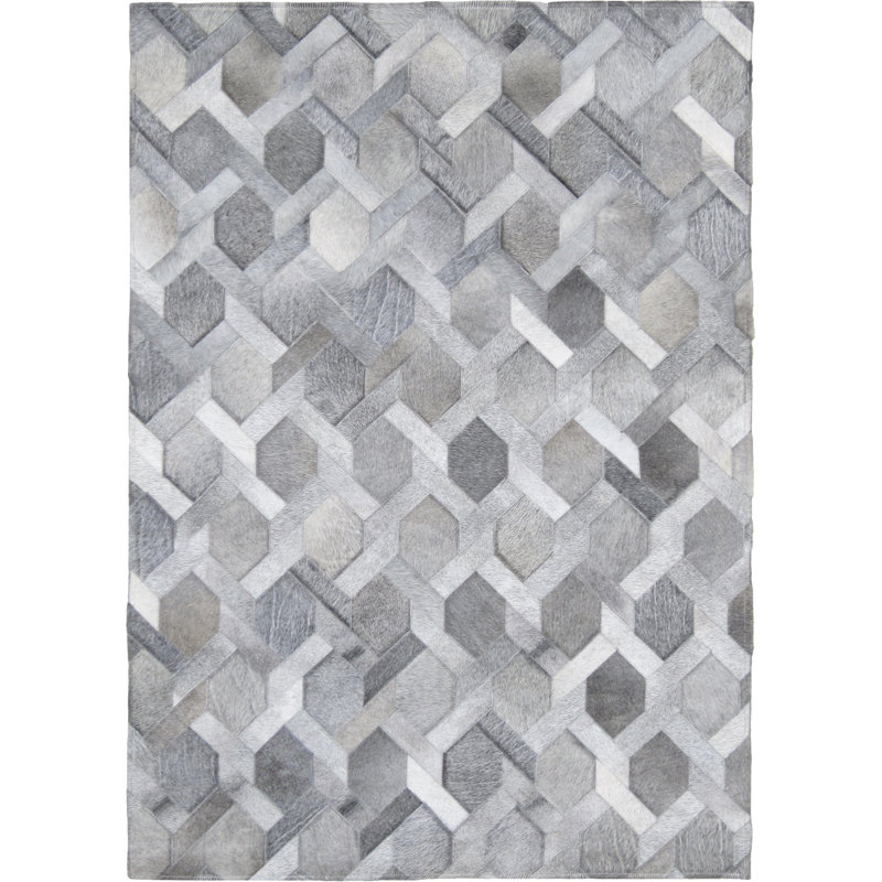 Tapis géométrique en cuir de vache fabriqué à la main, Rectangle 4 pi x 6 pi