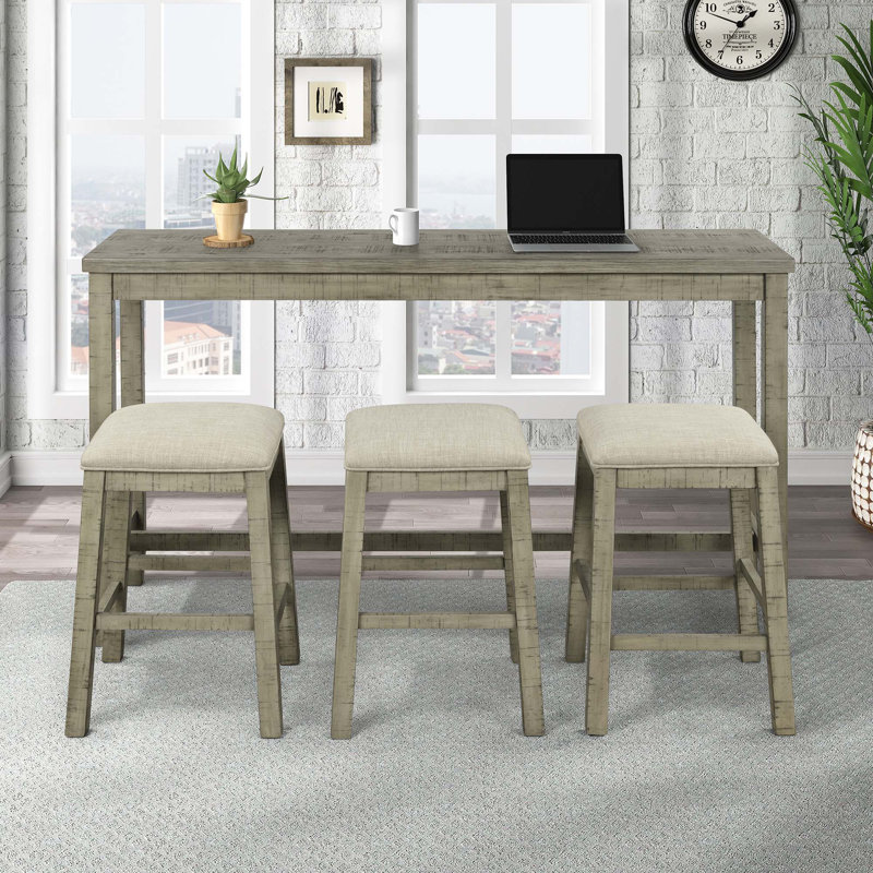 Table de salle à manger à hauteur de comptoir 4 pièces avec tabourets rembourrés en tissu, ensemble de salle à manger rustique avec douille, gris-vert