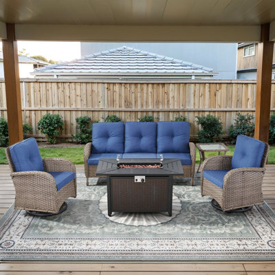 5-Piece Outdoor Patio Wicker Relaxed Sofa Set With Swivel Chairs And Fire Pit Table