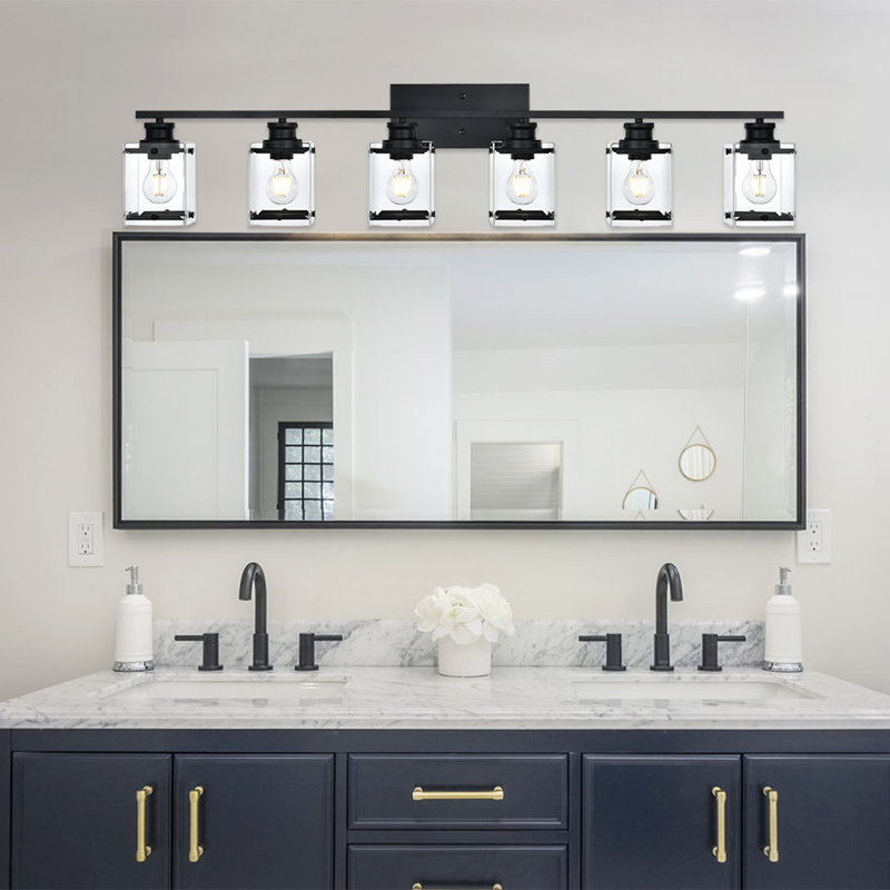 Éclairage pour salle de bain 6 lumières, luminaires de salle de bain noir moderne avec base abat-jour E26 transparent, fixation vers le haut ou vers le bas, appliques murales homologuées ETL