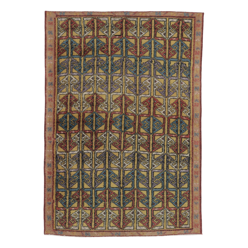 Vintage Turkish Rug Pair With Colorful Repetitive Geometric Lattice - Rug & Kilim