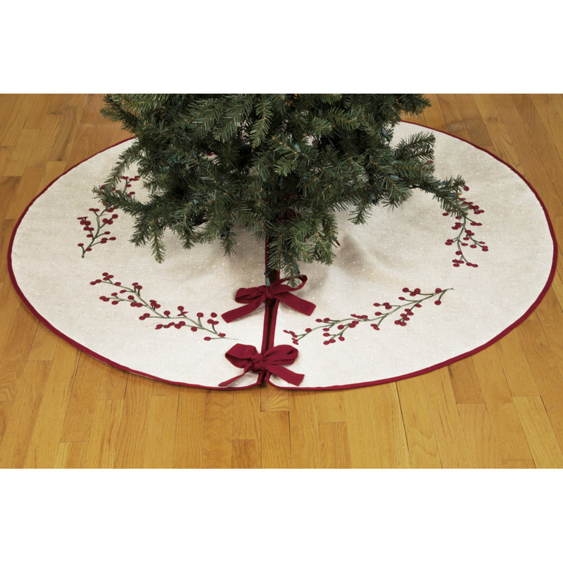 Natural Linen Embroidered Holly Berry Tree Skirt