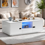 Modern High Glossy Rectangle Coffee Table With 2 Cabinets, One Drawer, 16 Colour Led Lights And An Open Shelf