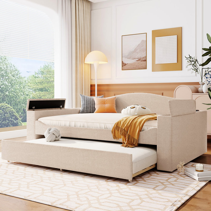 Comfortable Upholstered Daybed In Beige, With Storage, Trundle And Audio Option Full Size Storage Trundle, Beige Fleece, For Fun Living Hours