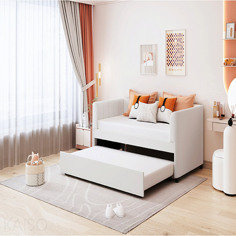 Lit de jour simple rembourré avec dossier ergonomique et gigogne, beige