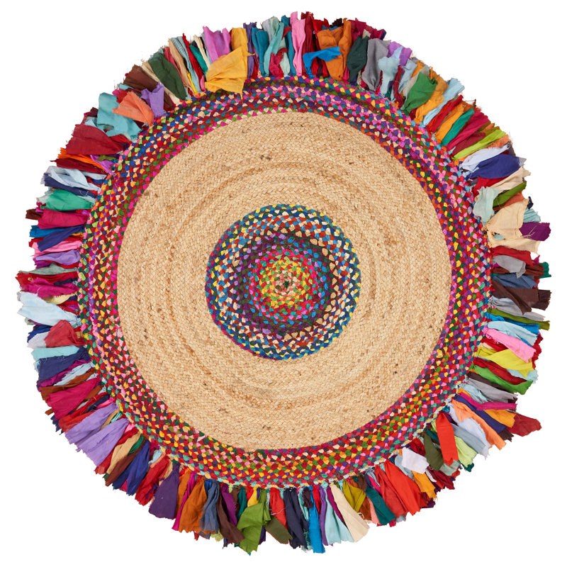 Whimsical Hand-braided Natural Fiber Jute Round Indoor Area Rug with Fringe, Round 5'6"