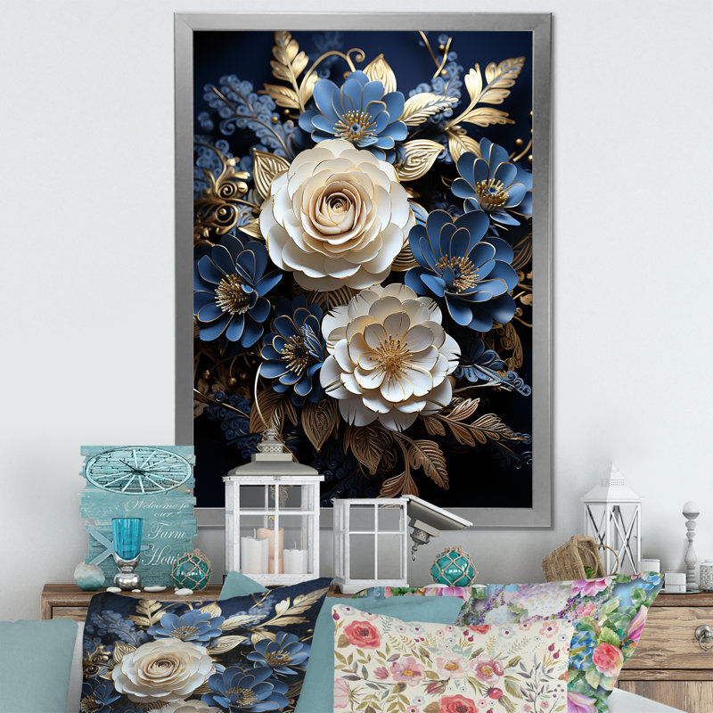 " Blue And White Roses Moonlight Grace IV ", 40" H x 30" W x 1.5" D, Silver Single Picture Framed