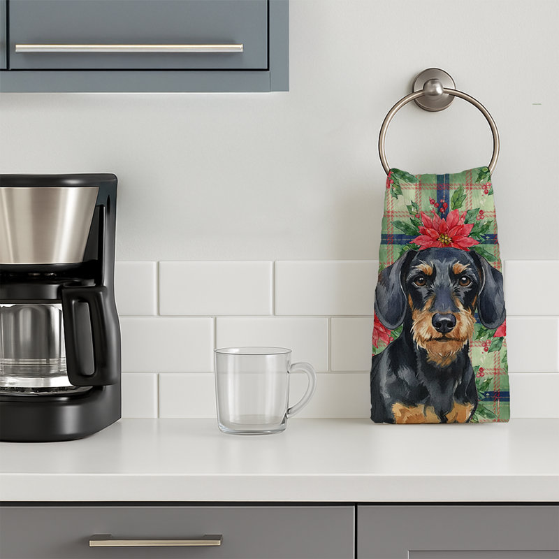 Wirehaired Black and Tan Dachshund Christmas PoinsettIas Kitchen Towel, Wirehaired Black/Tan Dachshund
