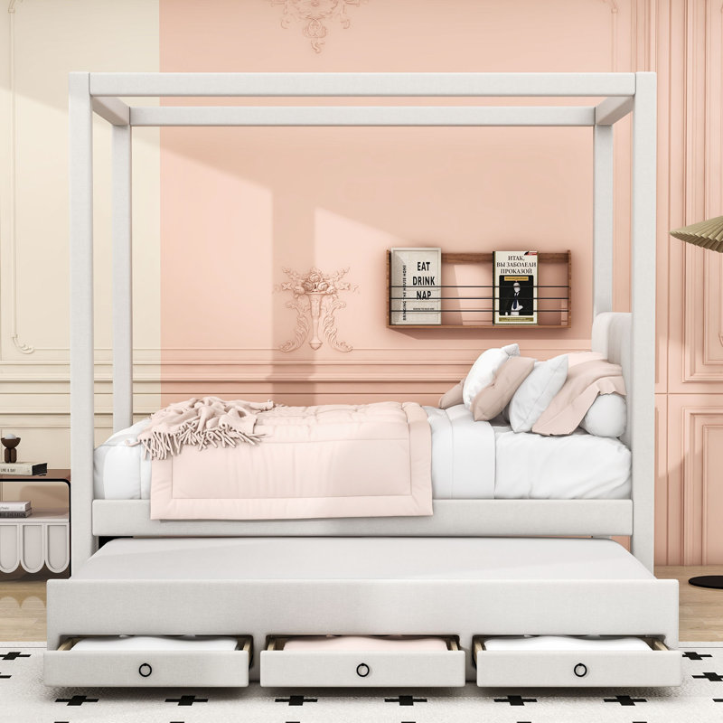 Wood Upholstered Canopy Platform Bed with Twin Trundle and 3 Drawers, Beige, Twin