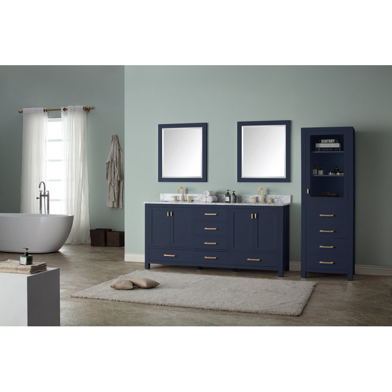 Meuble-lavabo double 72 po avec plateau Souther, Marbre blanc de Carrare, Bleu marine