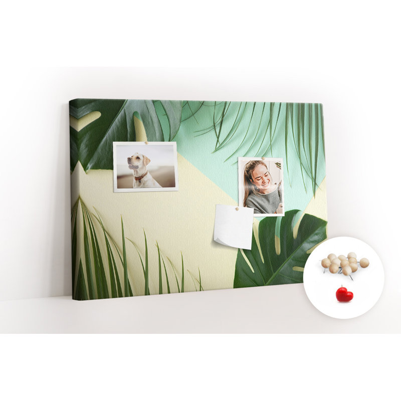 Wall Mounted cork board with print wall art message pin boards home office bulletin board ideas Monstera leaves