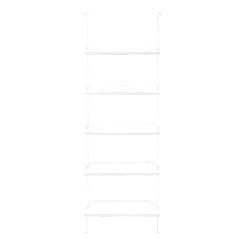 Bookshelf, Bookcase, Etagere, Ladder, 5 Tier, 72"H, Office, Bedroom, White Laminate, White Metal, Contemporary, Modern