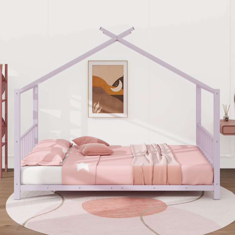 Lit plateforme simple en métal en forme de maison, Rose