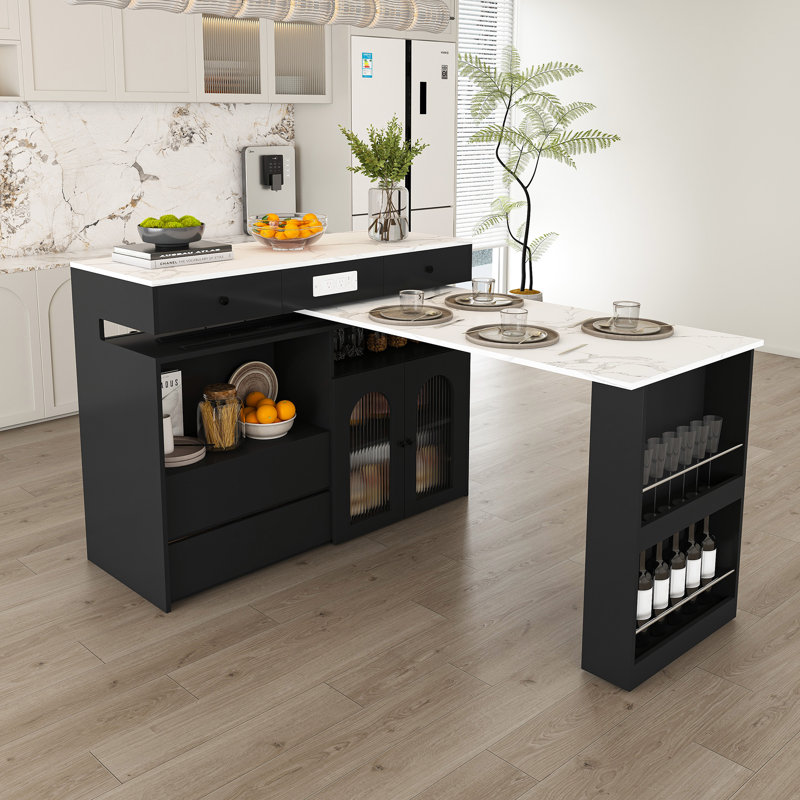 Îlot de cuisine rétro avec table extensible et rotative, panneau de fibres à densité moyenne avec placage de marbre, 4 tiroirs et armoires à portes en verre, station de repas extensible pour 2 à 4 personnes
