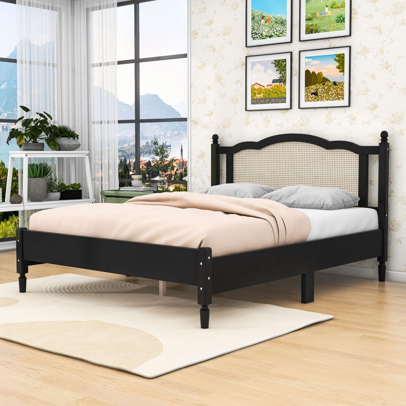 Chatmon Wooden Platform Bed with Natural Rattan Headboard and Slats Support, Black, Queen