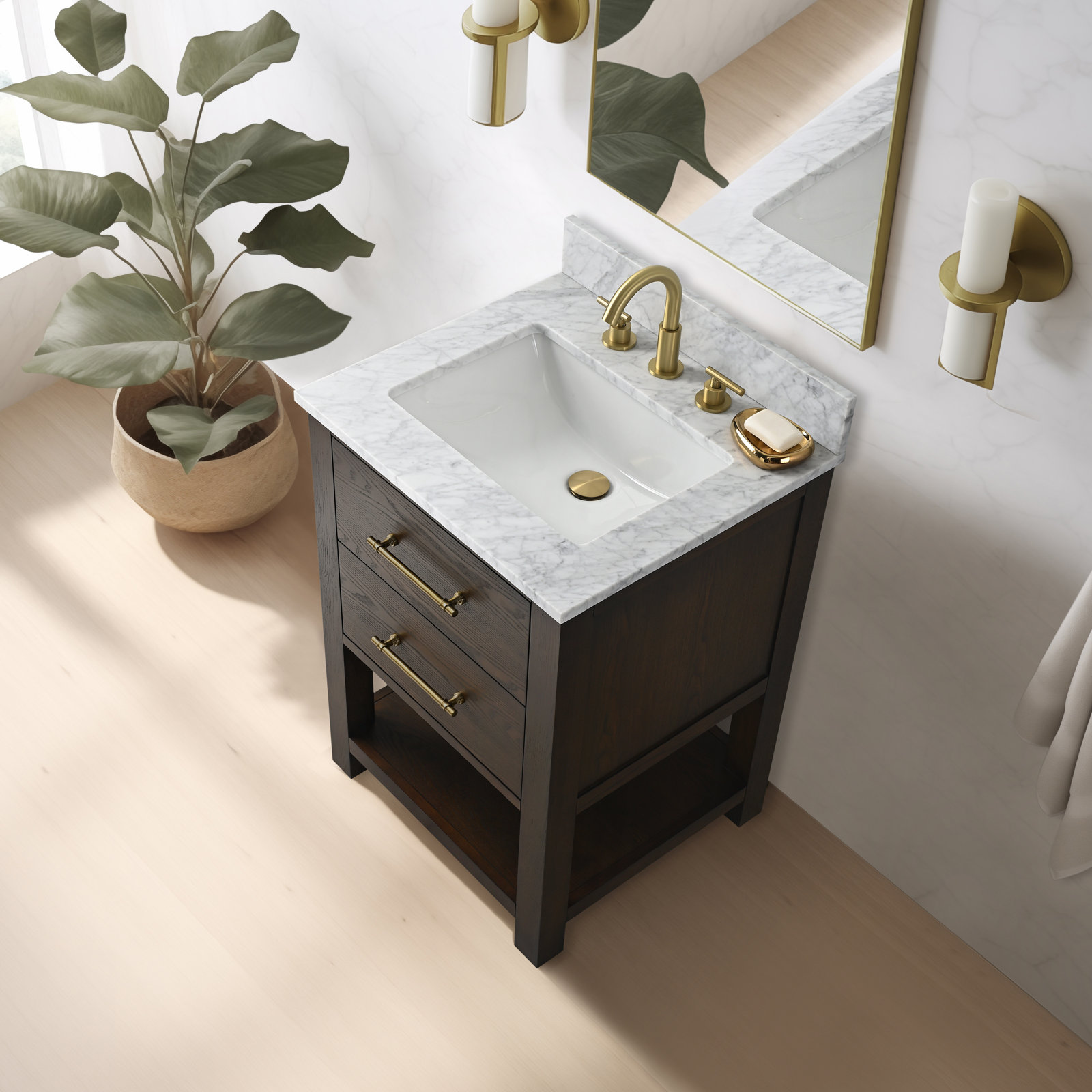 Keri 24'' Single Bathroom Vanity, Brown Oak/Antique Brass