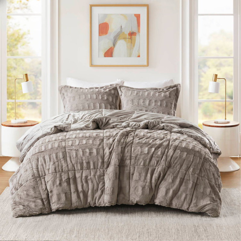 Ensemble de 2 mini-édredon en fausse fourrure unie gris, Édredon simple + 1 pièce supplémentaire