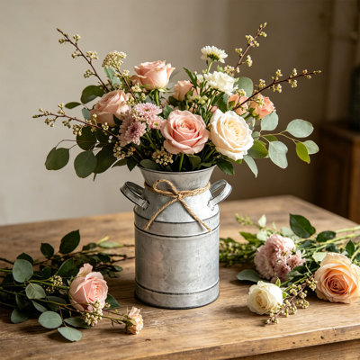 Artificial Flower Vintage Galvanized Metal Milk Can Flower Vase Farmhouses Style Rustics Table Decor French Countrys Floral Arrangement Container for Home